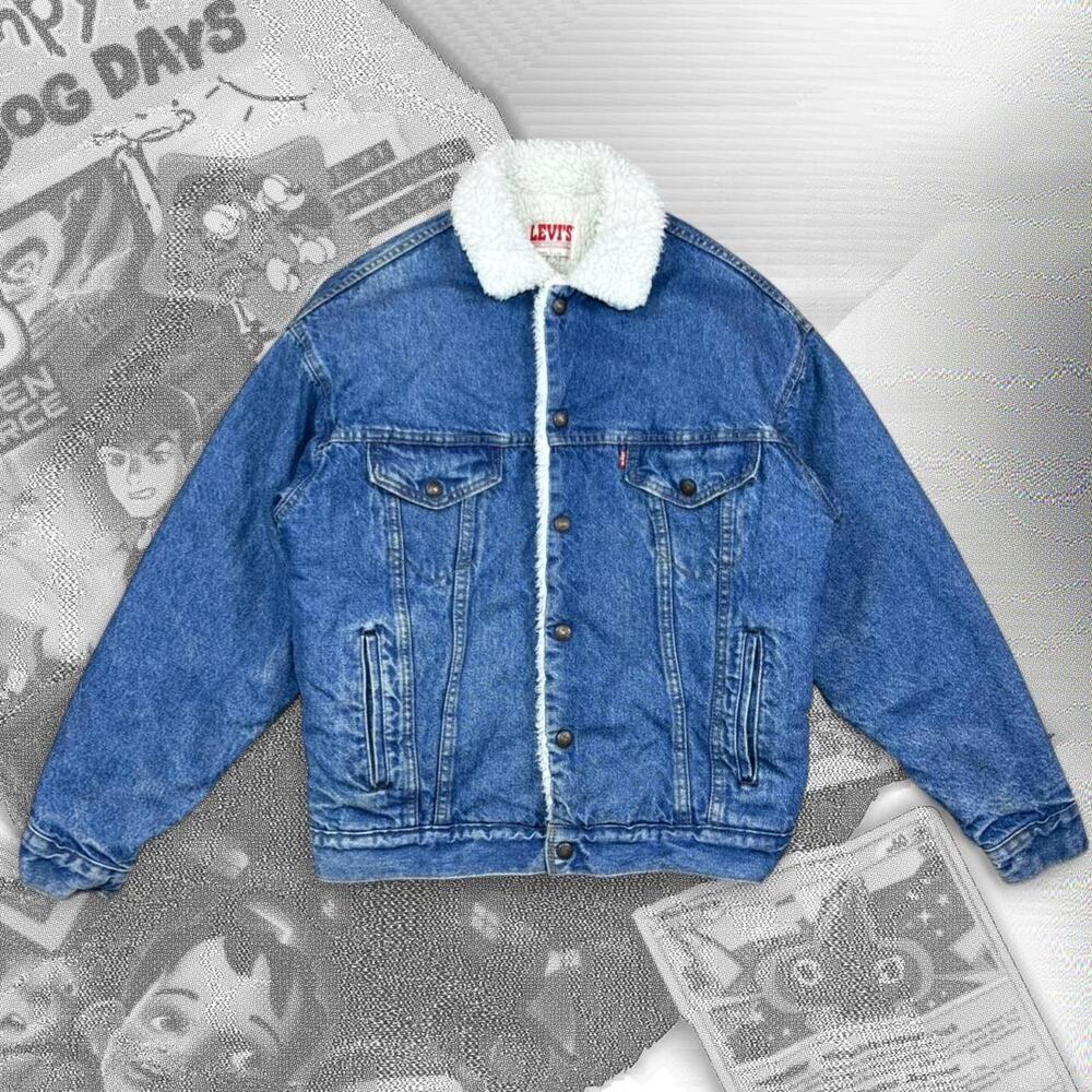 Vintage 80s Levis Sherpa Lined Denim Trucker Jacket 70609 0214 Blue Mens